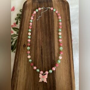 Handmade Pink and Green Beaded Necklace with Butterfly Pendant